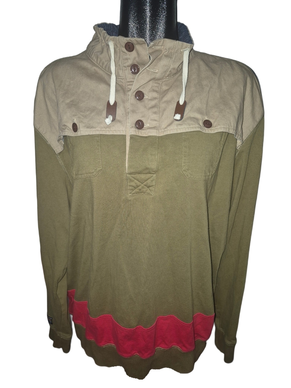 Priviledged Life Men's Two-Tone Olive & Beige Pullover Shirt with Red Accent 3XL